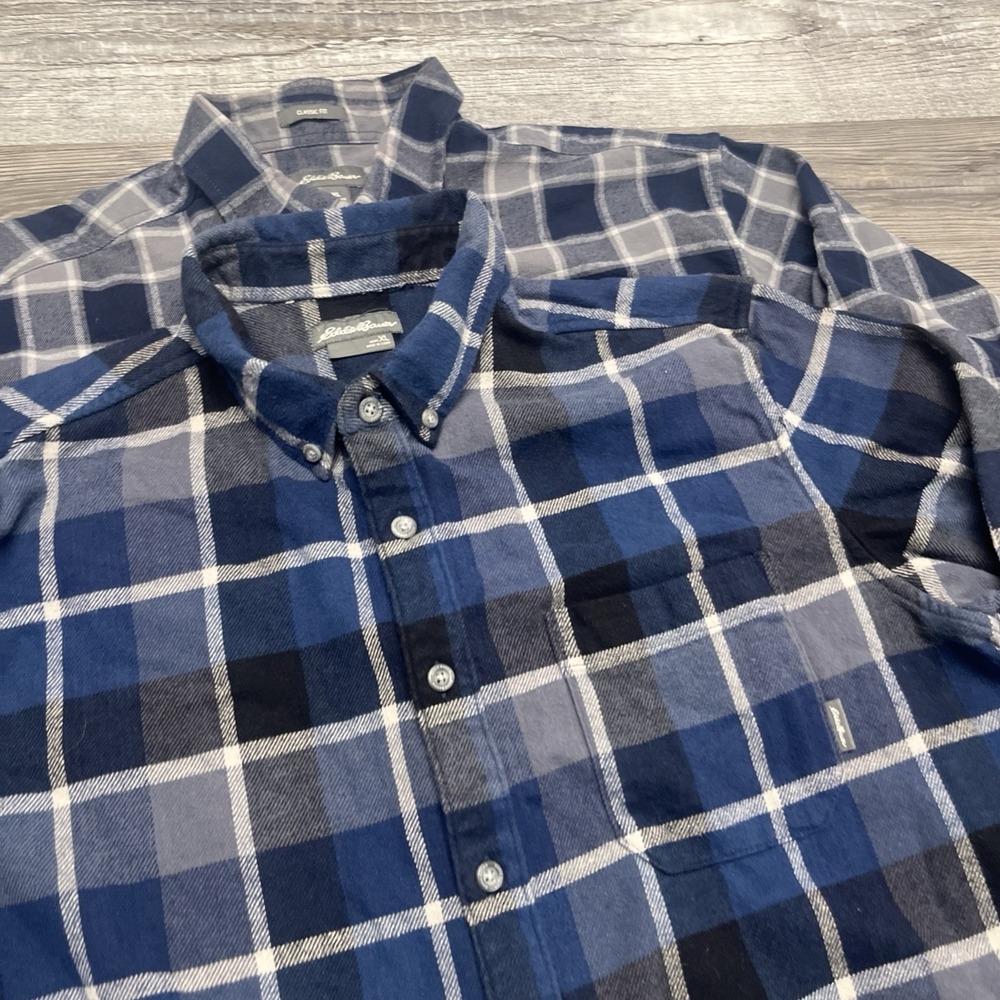 Lot of 2 Eddie‎ Bauer Flannel Shirts Xl Blue Gray Long Sleeve Plaid Button  Men